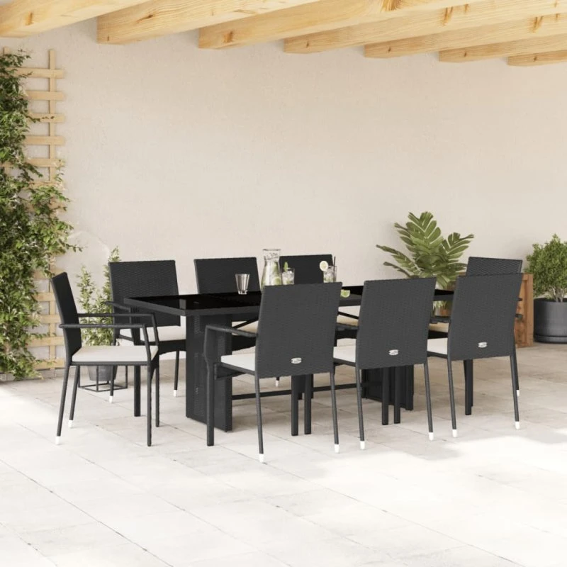 vidaXL 9-delers spisebordssæt med hynder i polyrattan, sort
