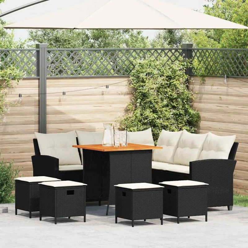 vidaXL L-formet havesofasæt 6 dele med hynder polyrattan sort
