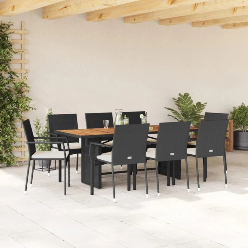 vidaXL 9-deles spisebordssæt med hynder, polyrattan sort
