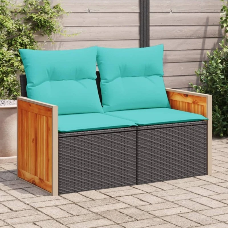 vidaXL 2-personers havesofa med hynder, sort polyrattan