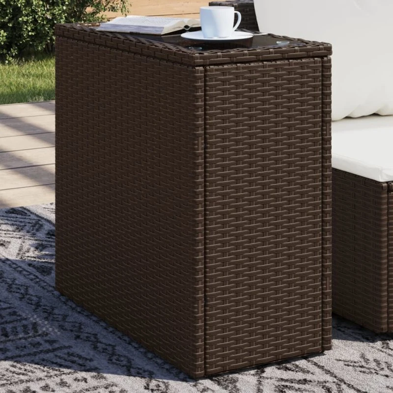 vidaXL Havesidebord med glastop 58x27,5x55 cm polyrattan brun