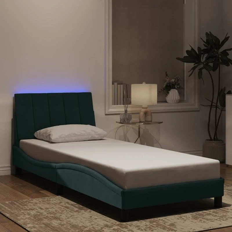 vidaXL Hanko 90x190 cm sengeramme med LED, mørkegrøn velour