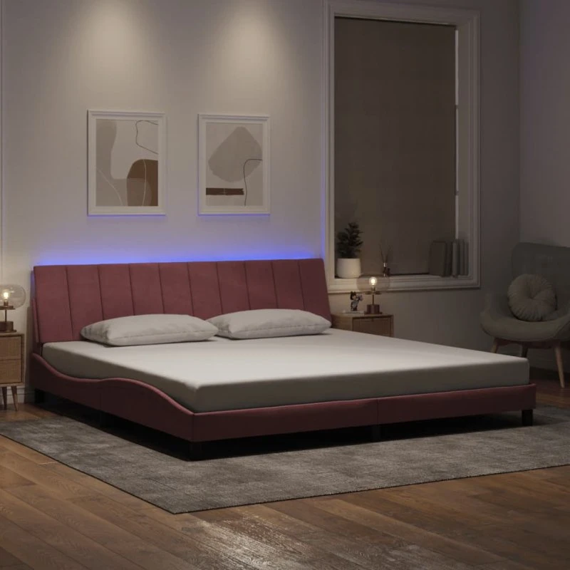 vidaXL Hanko 200x200 cm sengeramme med LED-lys, lyserød velour