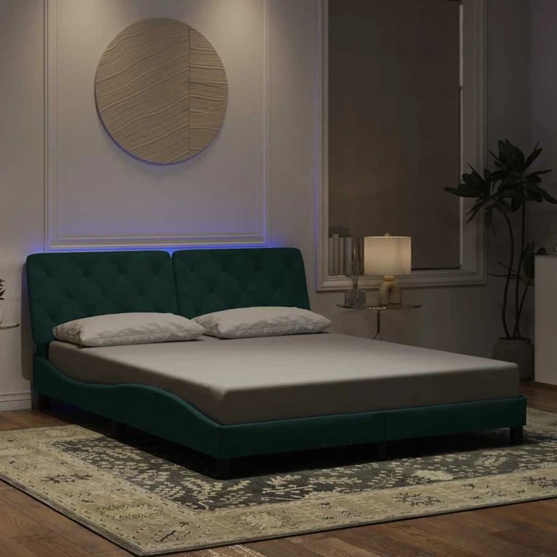 vidaXL Sengeramme med LED 160x200 cm mørkegrøn velour