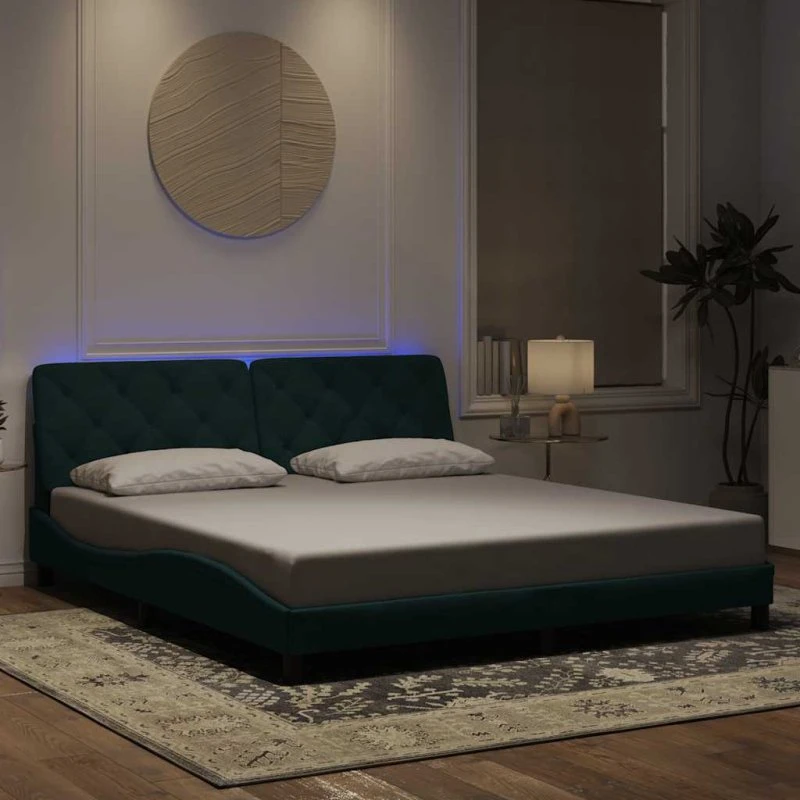 vidaXL Sengeramme med LED 180x200 cm mørkegrøn velour