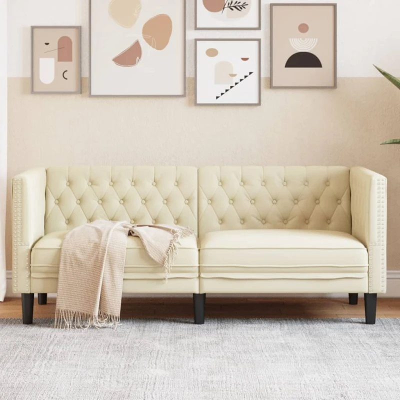 vidaXL 2-personers Chesterfield-sofa i kunstlæder, cremefarvet