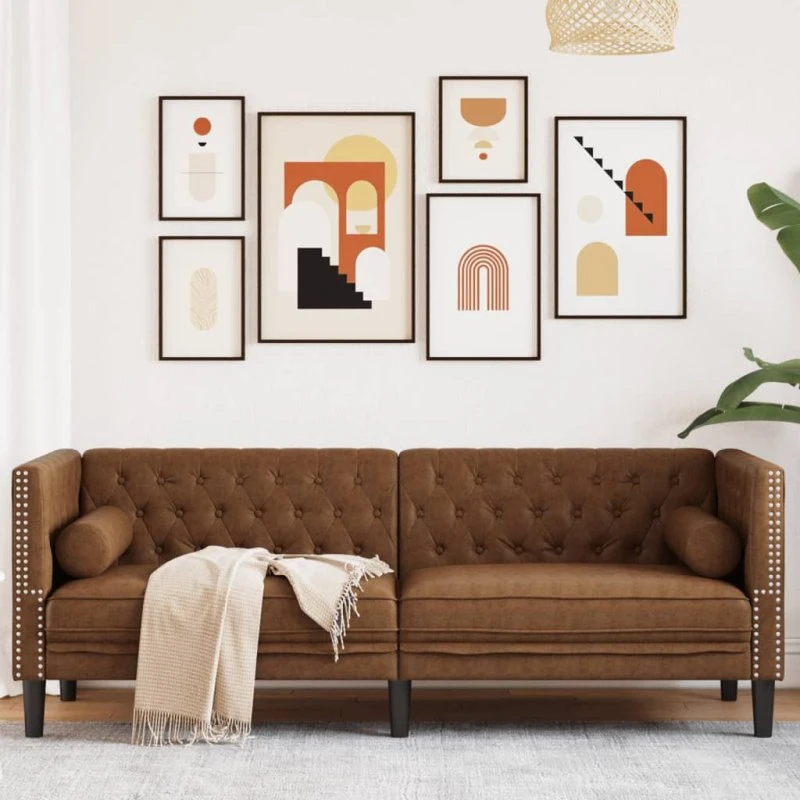 vidaXL 3-personers Chesterfield-sofa med puder imiteret ruskind brun