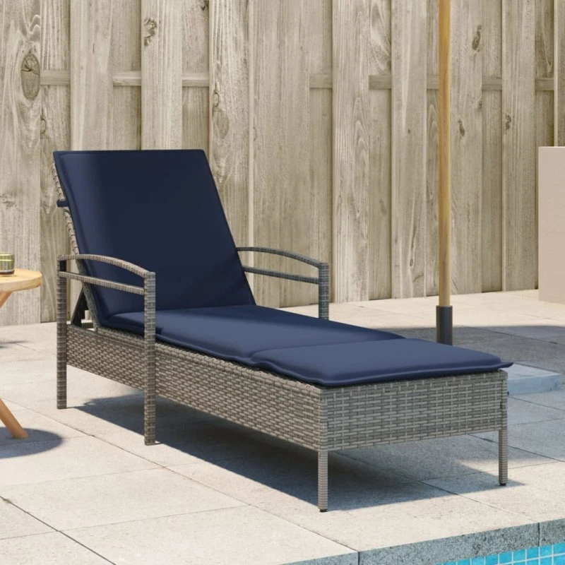 vidaXL Solstol med pude, Grå, 63x200x81 cm, polyrattan