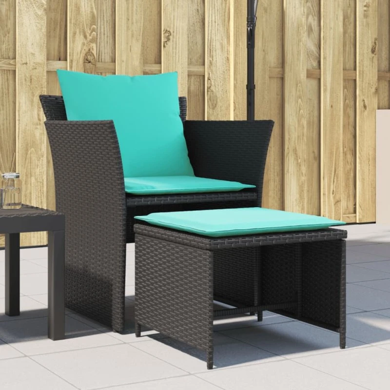 vidaXL Havestol med Fodskammel Polyrattan Sort