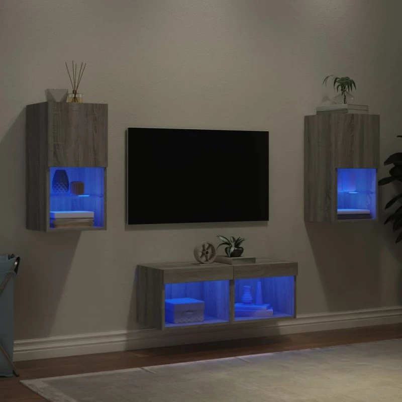 vidaXL tv-møbel til væg med LED-lys, grå sonoma-eg, 4 dele