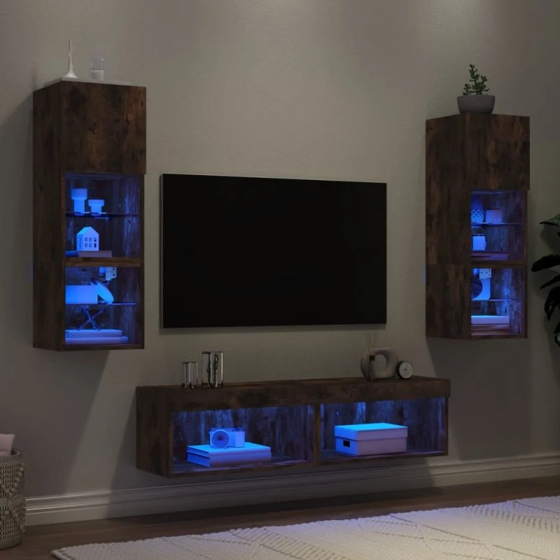 vidaXL Væg-TV-møbel 6 dele røget eg med RGB-LED