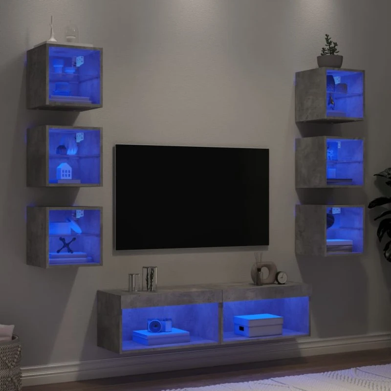 vidaXL tv-møbel til væg 8 dele, betongrå, med LED-lys