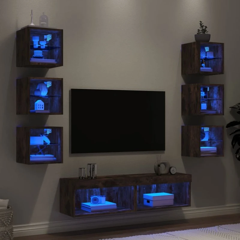 vidaXL Tv-møbel til væg 8 dele røget eg med LED-lys