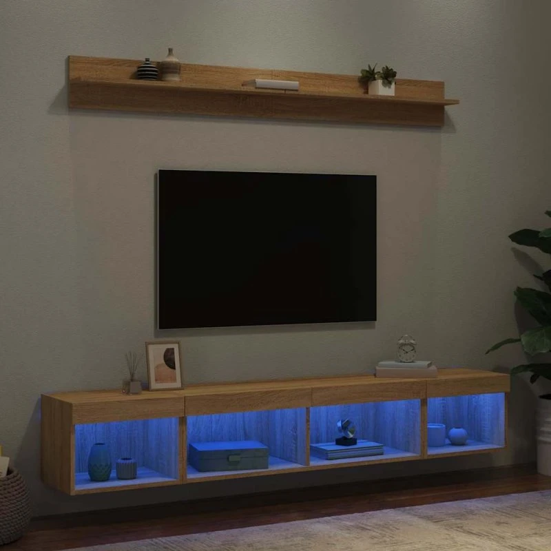 vidaXL Tv-møbel til væg 5 dele, konstrueret træ, Sonoma-eg med LED-lys