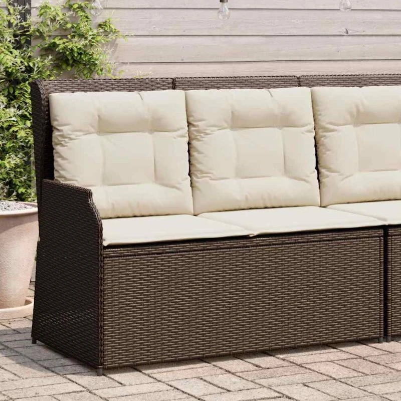 vidaXL havebænk med hynder og lænefunktion, polyrattan brun