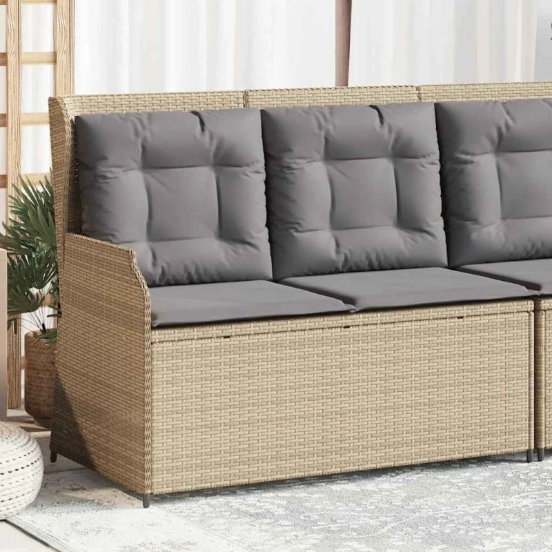 vidaXL havebænk med hynder og lænefunktion, polyrattan beige