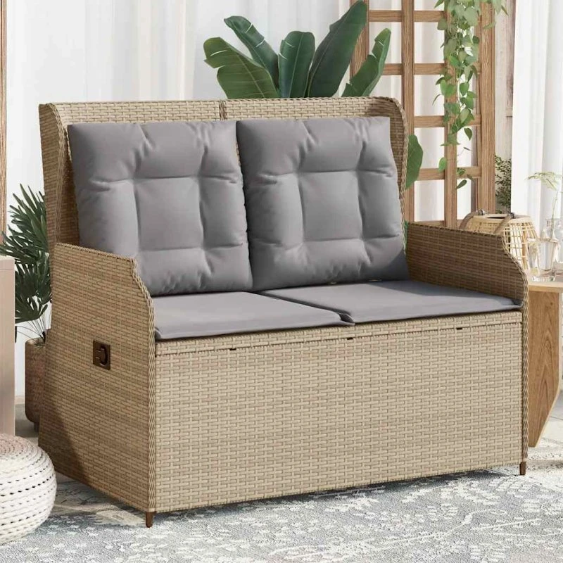 vidaXL Havebænk med hynder og lænefunktion i polyrattan, beige