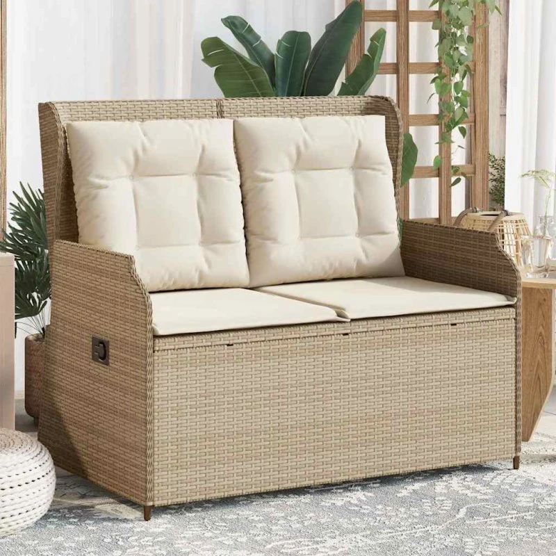 vidaXL Havebænk med hynder og lænefunktion, polyrattan beige