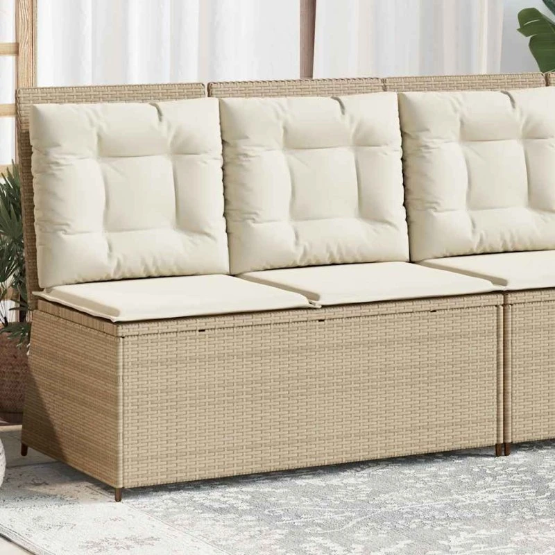 vidaXL Havebænk med hynder og lænefunktion, polyrattan beige