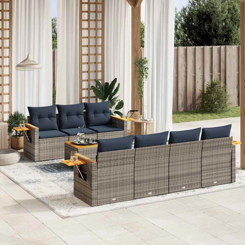 vidaXL 8-deles havesofasæt med hynder i polyrattan grå