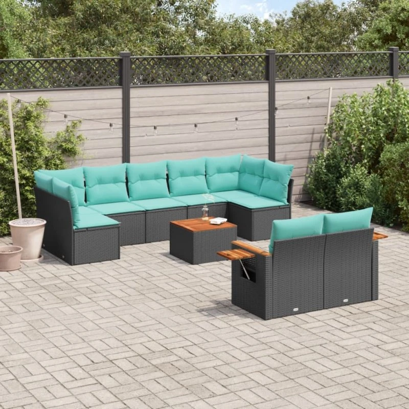 vidaXL 10-delssofasæt med hynder, polyrattan, sort