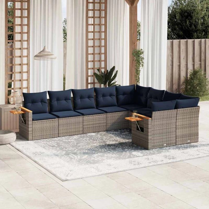 vidaXL 9-delssofasæt med hynder i polyrattan grå