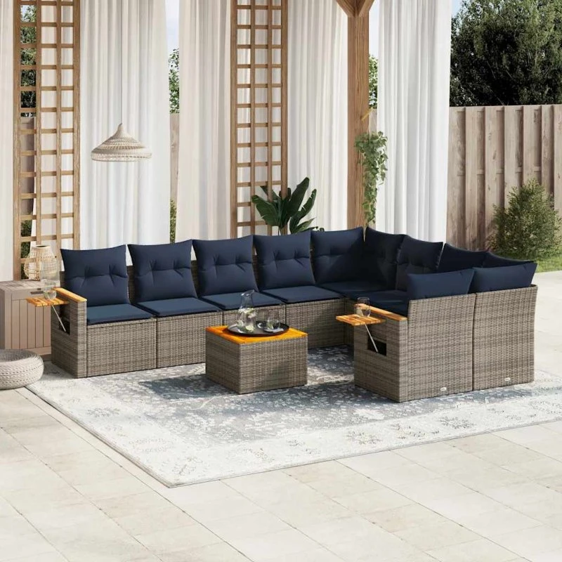 vidaXL 10-deligt havesofasæt med hynder i polyrattan grå