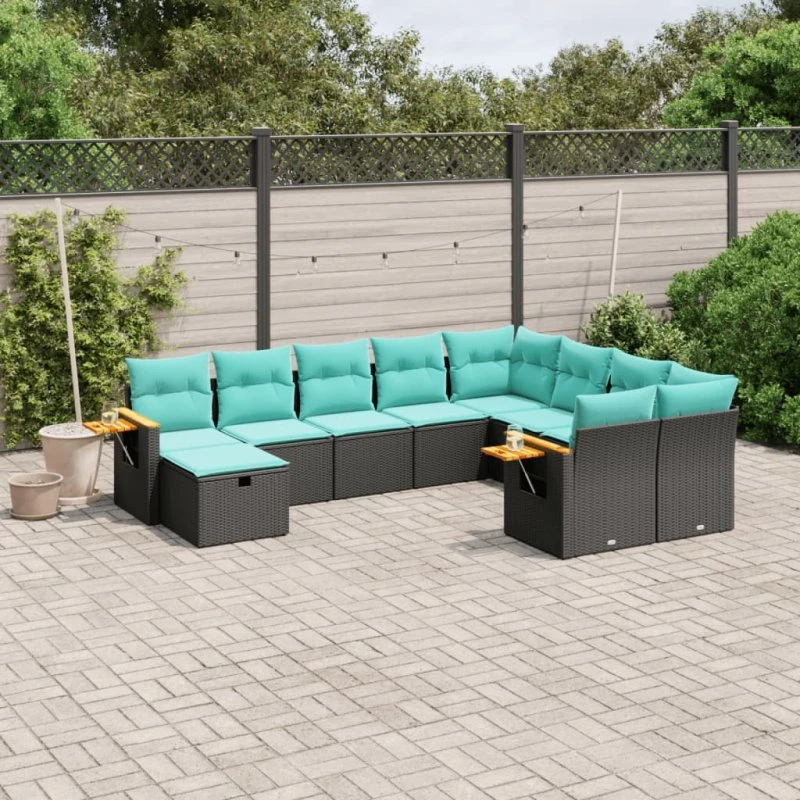 vidaXL 10-delssofasæt med hynder, polyrattan, sort
