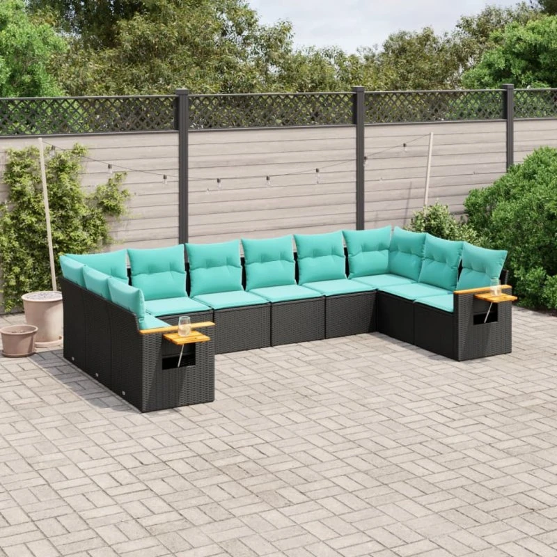 vidaXL 10-delssofasæt med hynder i sort polyrattan