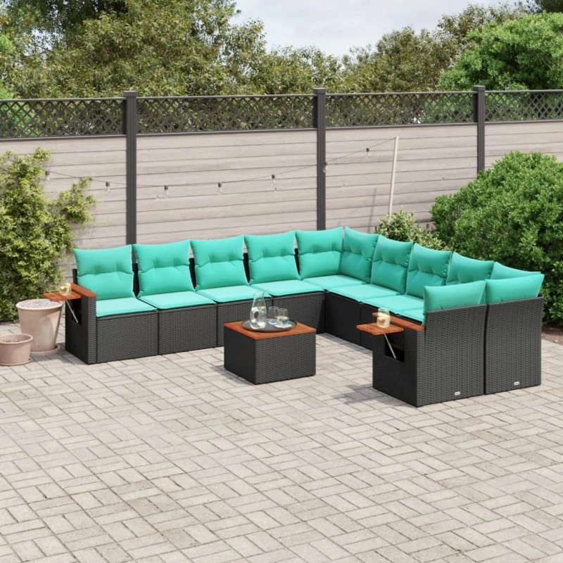 vidaXL 11-delssofasæt med hynder, polyrattan, sort