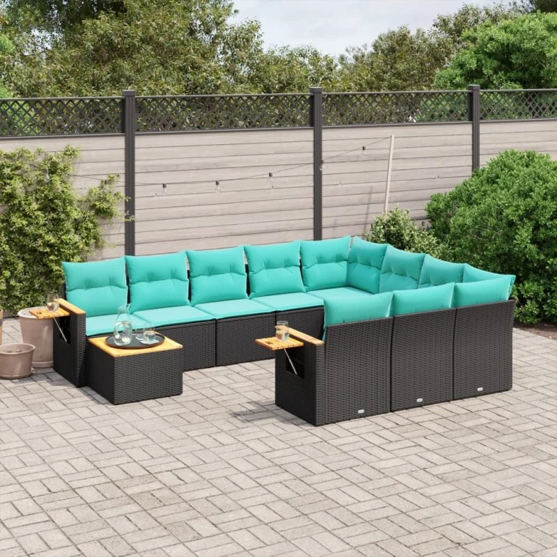 vidaXL 11-delssofasæt med hynder i sort polyrattan