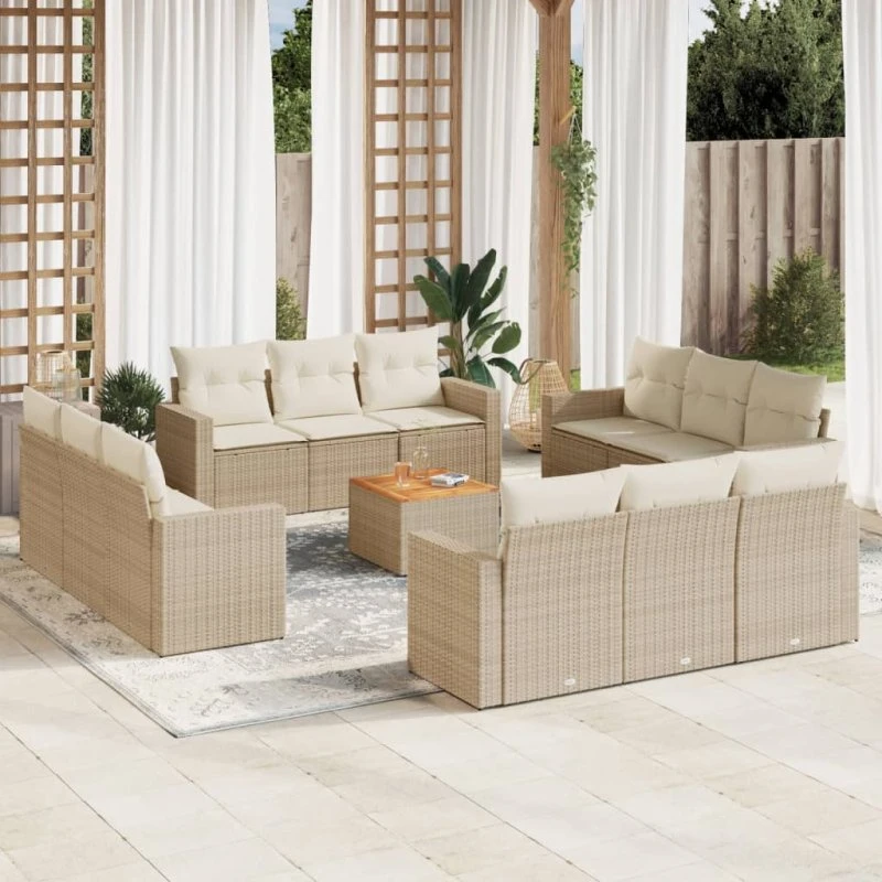 vidaXL 13-delssofasæt med hynder i polyrattan, beige