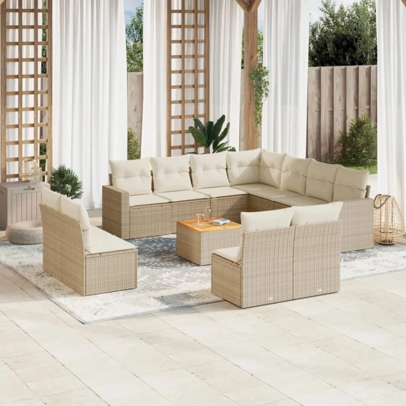 vidaXL 12-delssofasæt med hynder i polyrattan beige
