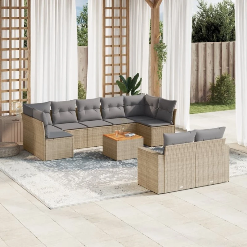 Polyrattan Sofasæt 10 Dele Beige med Hynder
