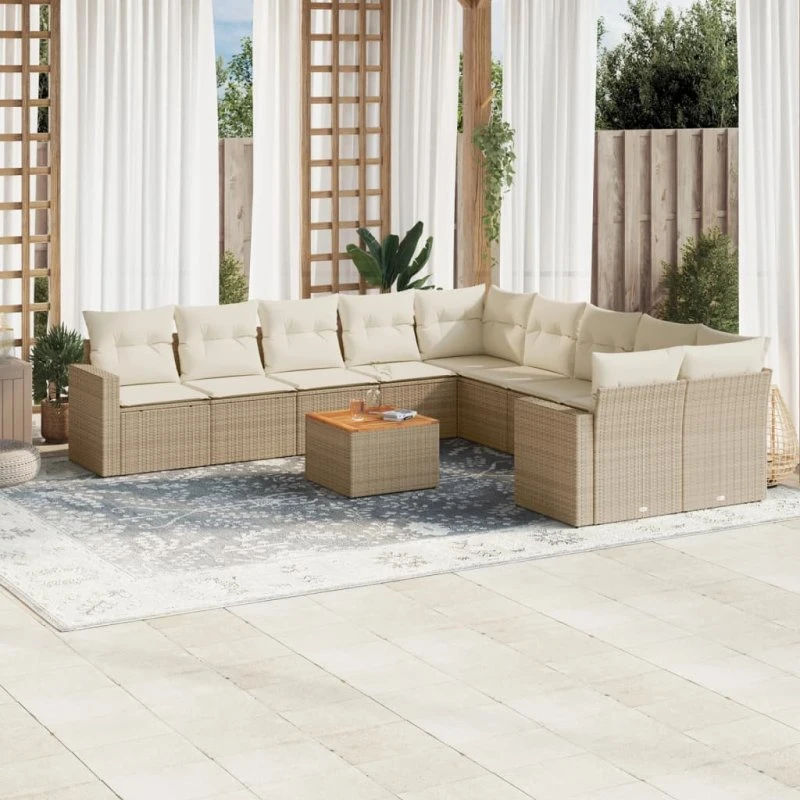 vidaXL 11-delssofasæt med hynder i polyrattan beige