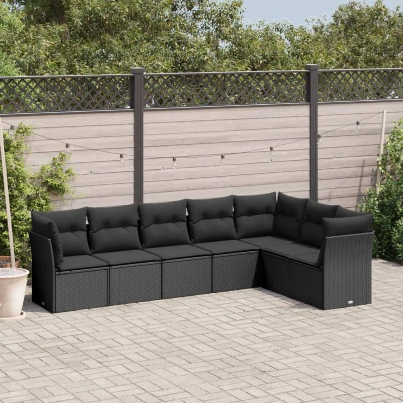 vidaXL 7-deles havemøbelsæt med hynder i polyrattan, sort
