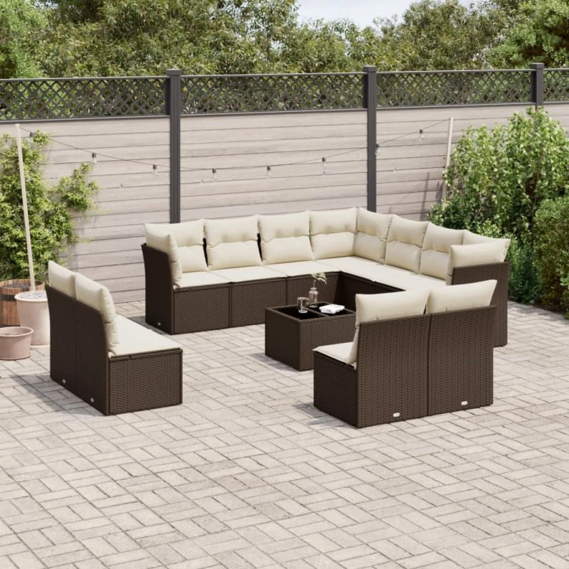 vidaXL 12-delssofasæt med hynder i polyrattan brun
