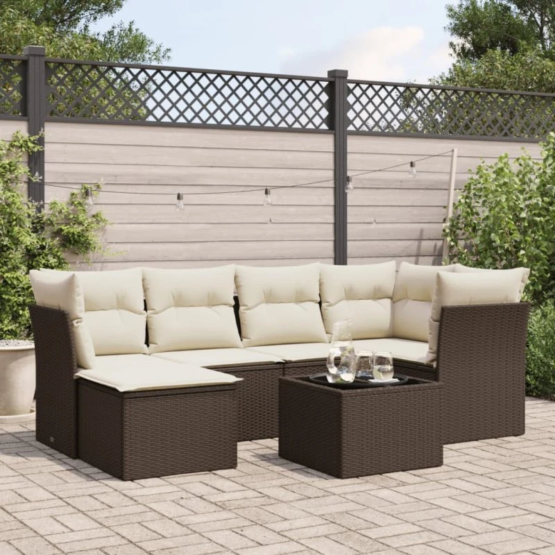 vidaXL 7-delssofasæt med polyrattan og hynder brun