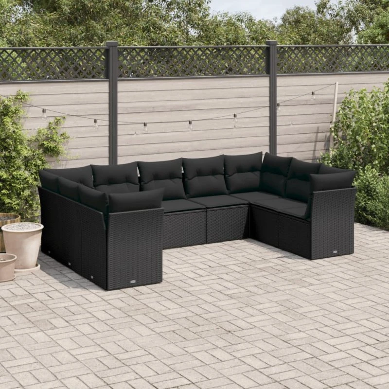 vidaXL 9-delssofasæt med hynder i polyrattan, sort