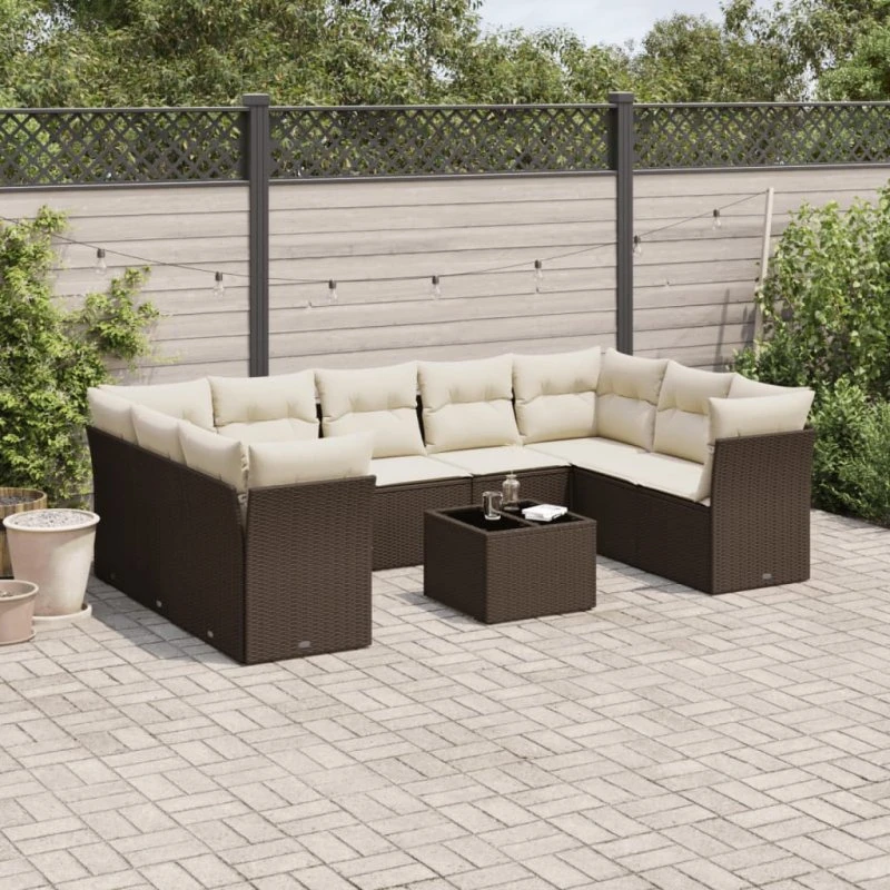 vidaXL 10-delssofasæt med hynder i polyrattan brun