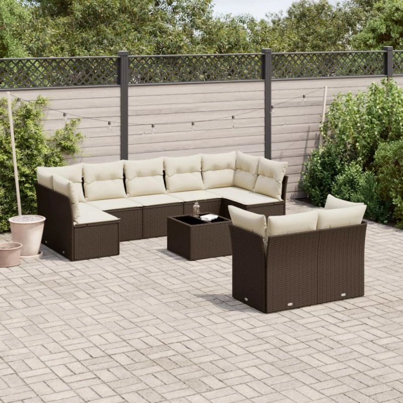 vidaXL 10-delssofasæt med hynder i polyrattan brun