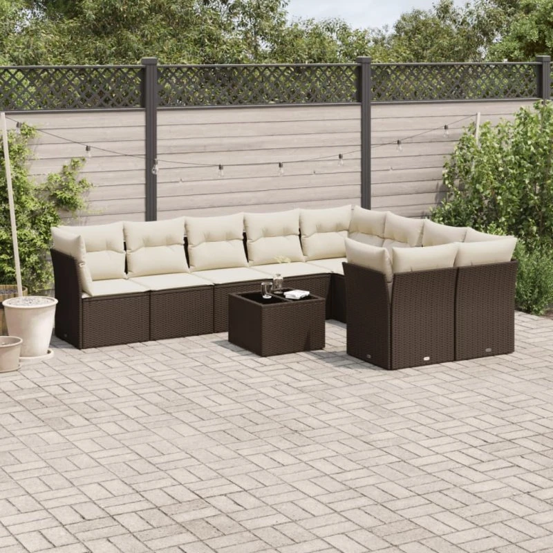vidaXL 10-delssofasæt med hynder polyrattan brun