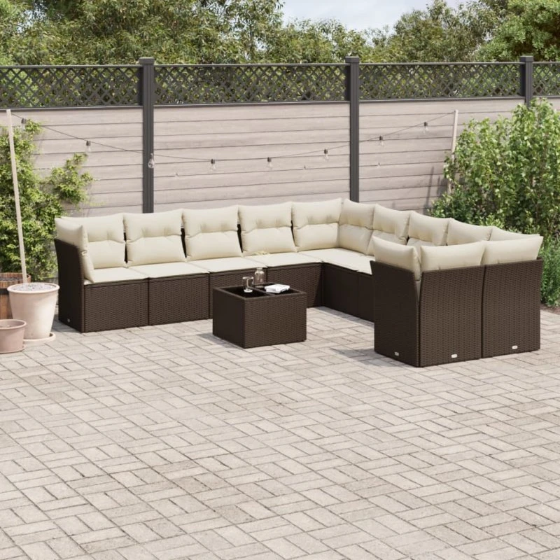 vidaXL 11-delssæt med hynder i polyrattan brun