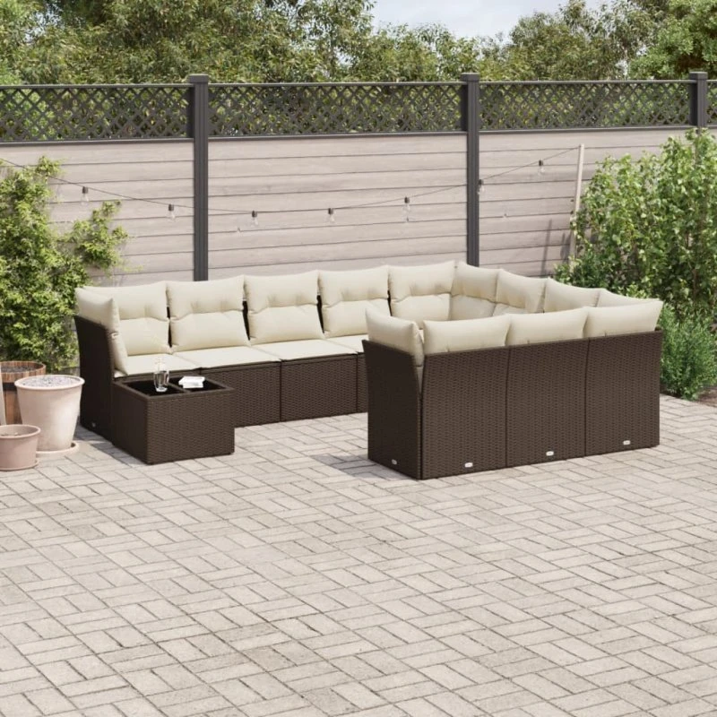 vidaXL 11-delssæt med hynder polyrattan brun
