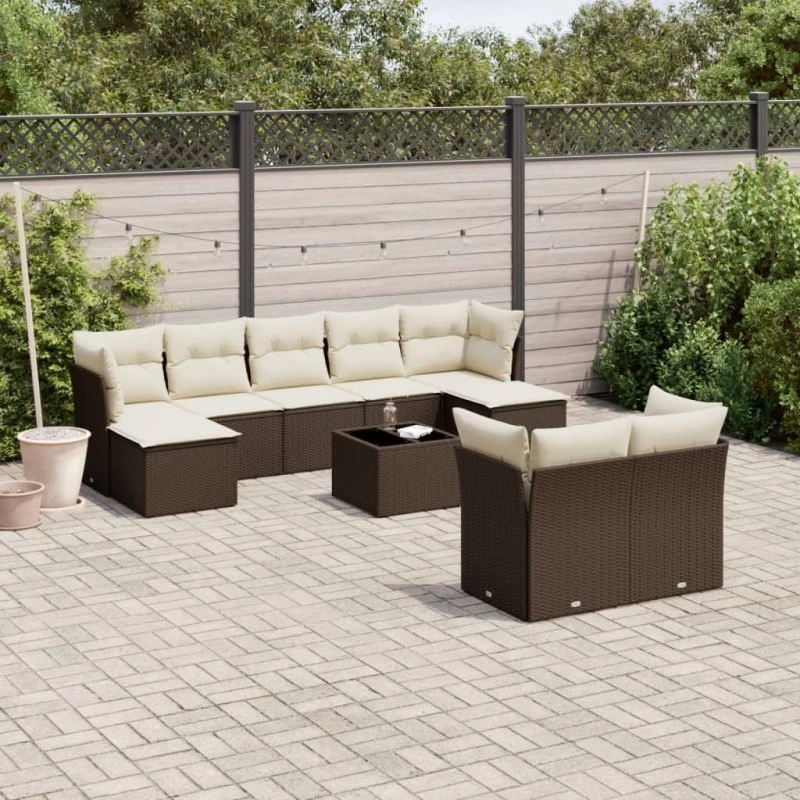 vidaXL 10-deligt polyrattan sofasæt med hynder, brun