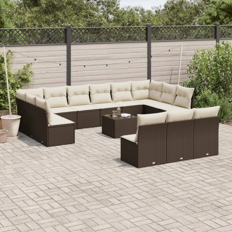 vidaXL 14-delssofasæt med hynder i polyrattan brun