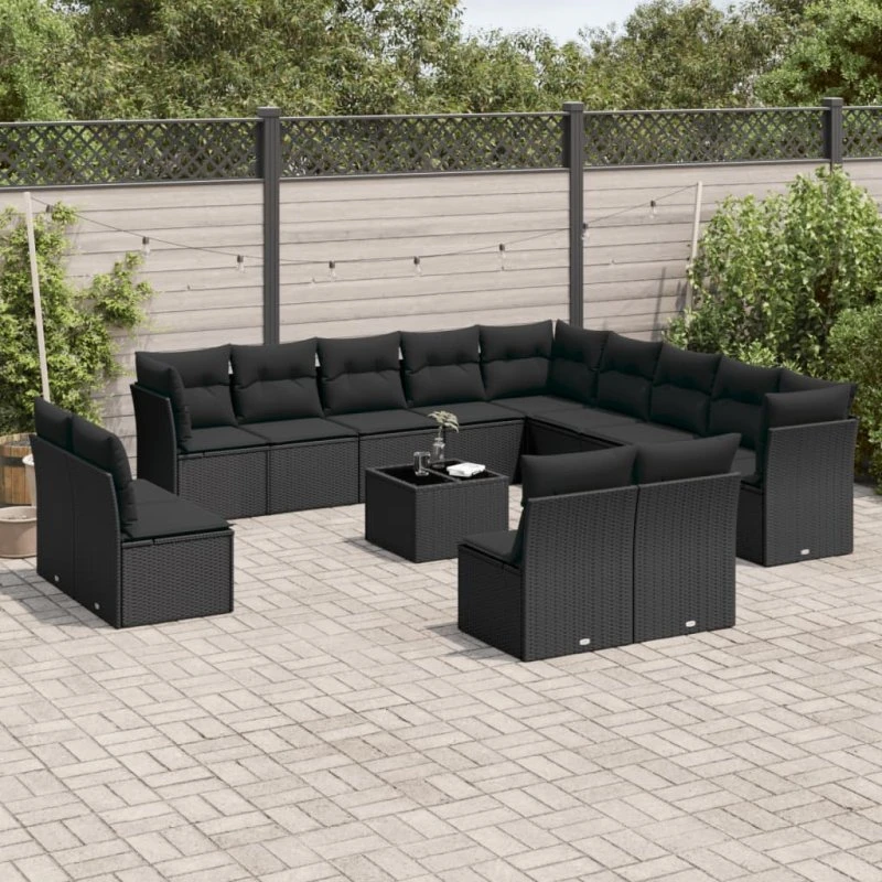 vidaXL 14-delssofasæt med hynder, polyrattan, sort