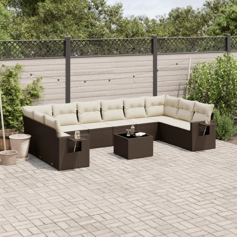 vidaXL 11-delssæt med hynder polyrattan brun