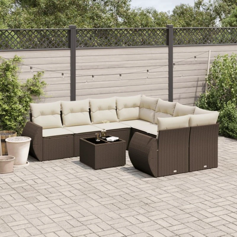 vidaXL 9-delssofasæt med hynder polyrattan brun