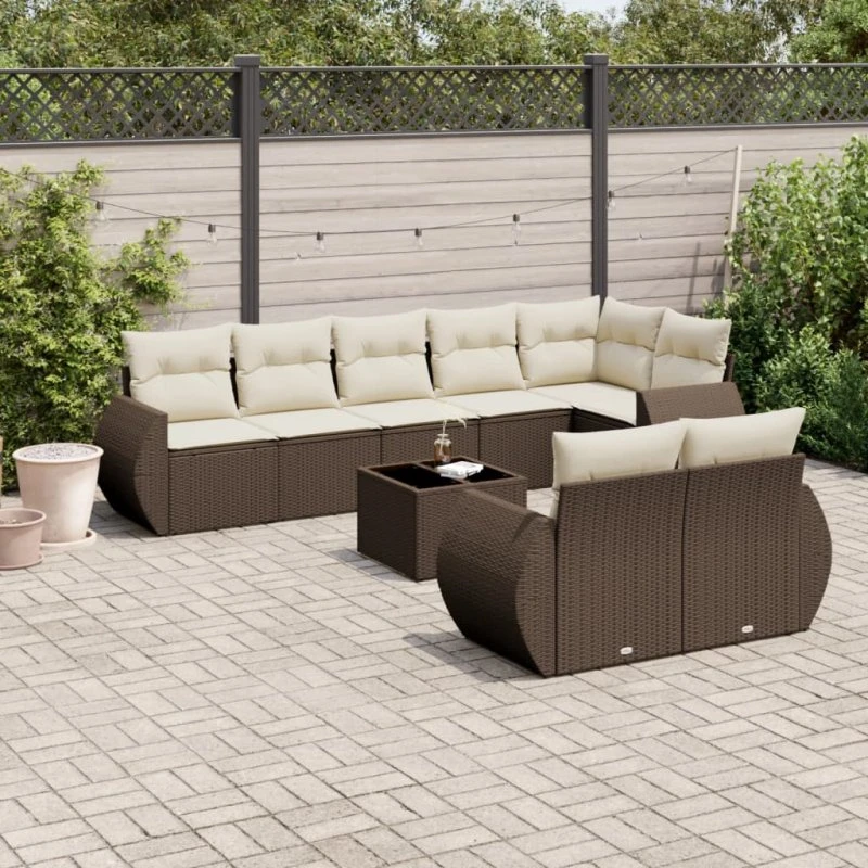 vidaXL 9-deles sofasæt med hynder i polyrattan, brun